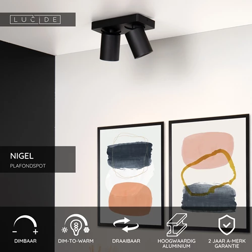 Lucide NIGEL - Plafondspot - LED Dim to warm - GU10 - 2x5W 2200K/3000K - Zwart - USP
